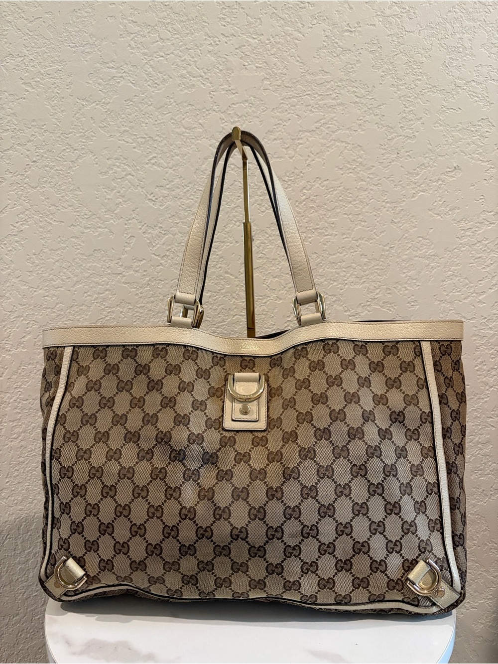 Gucci Beige GG Monogram Canvas Tote with Cream Trim
